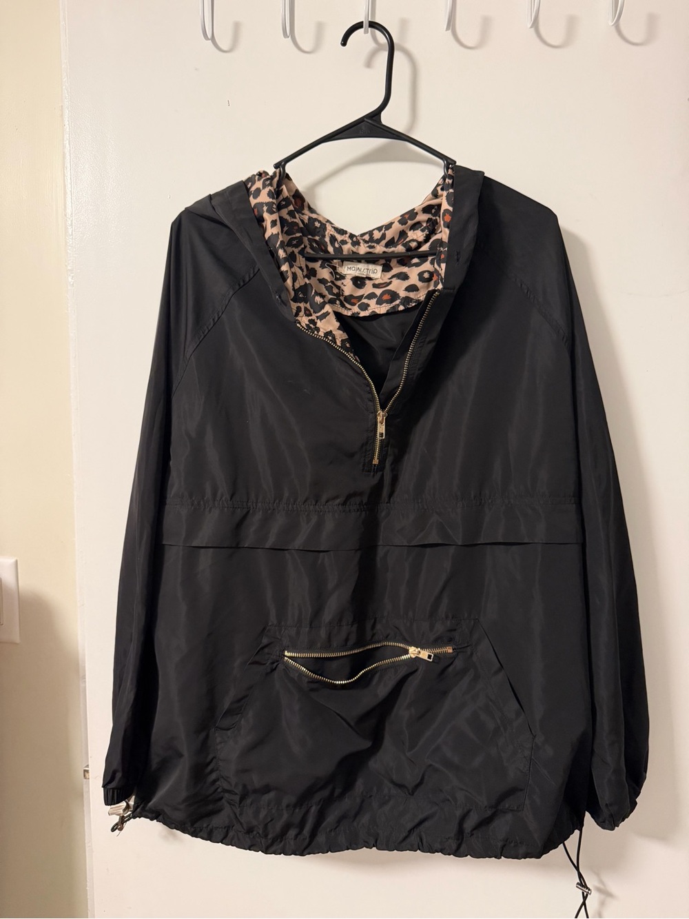 Main Strip Black Hooded Windbreaker with Leopard-Print Lining
